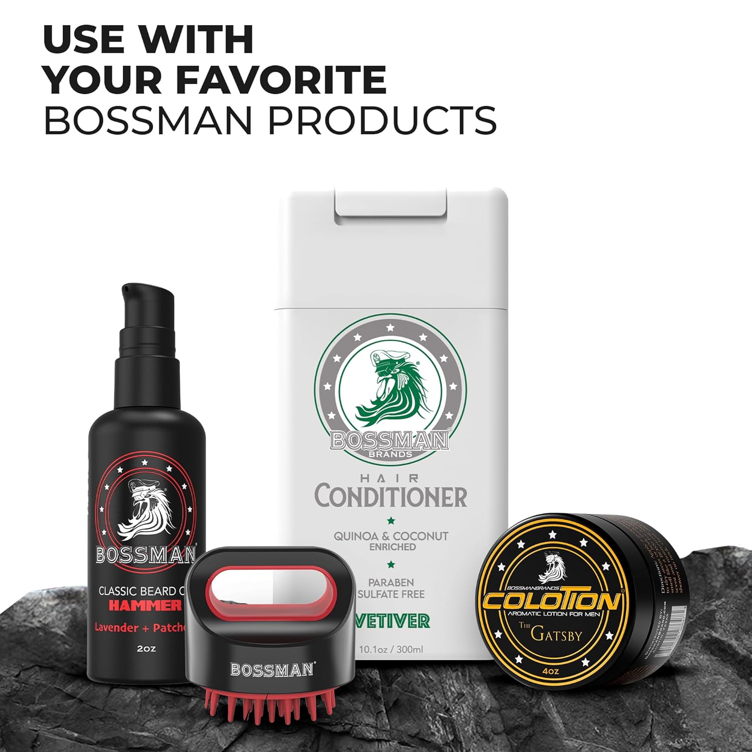 Bossman hair care products including a bottle, box, and container on a textured surface with text 'Use with your favorite Bossman products'.