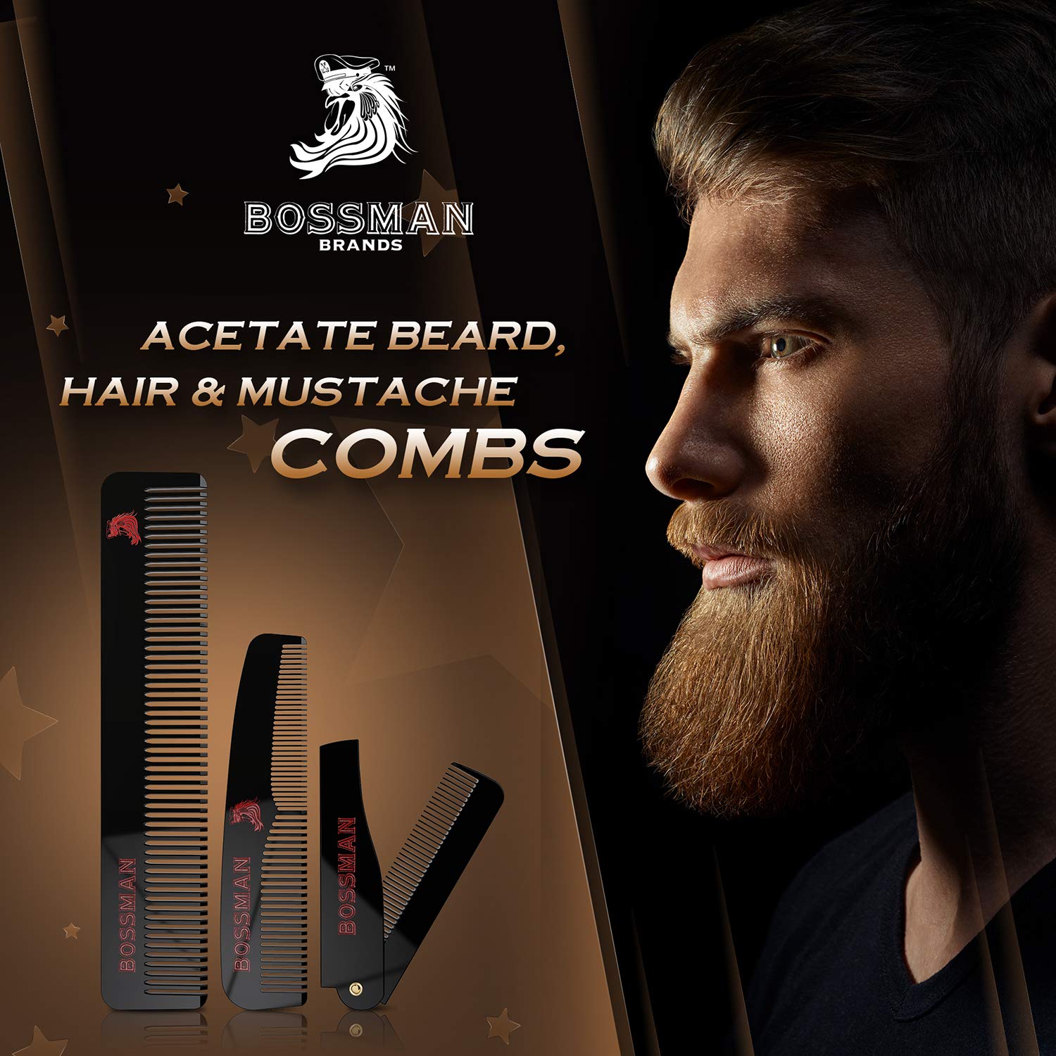 Bossman Set of 3 Acetate Beard, Mustache, Hair Combs