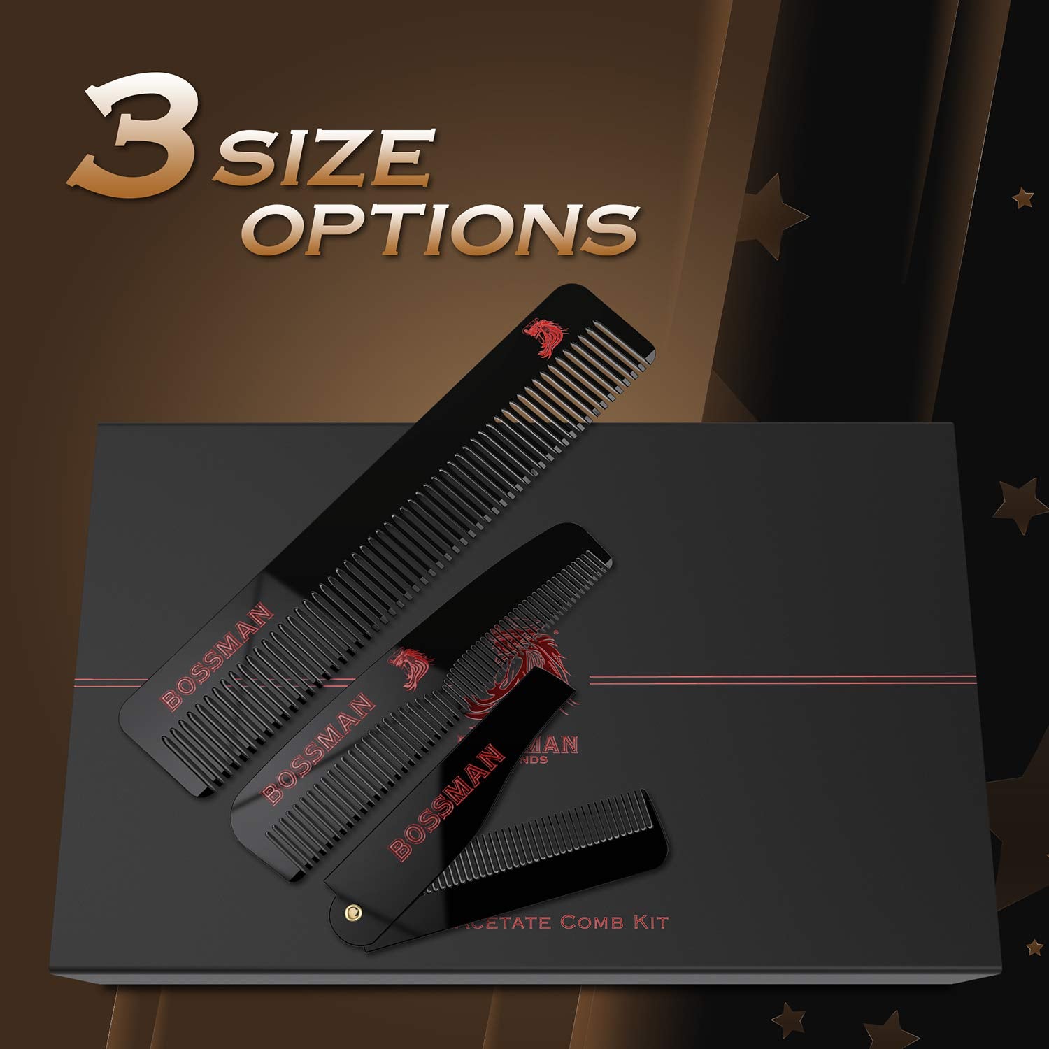 Bossman Set of 3 Acetate Beard, Mustache, Hair Combs