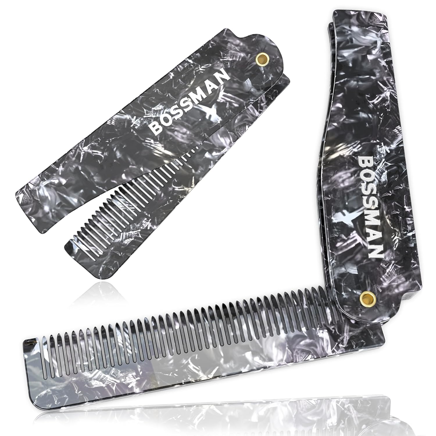 Two folding combs with marble pattern and 'BOSSMAN' branding on a white background
