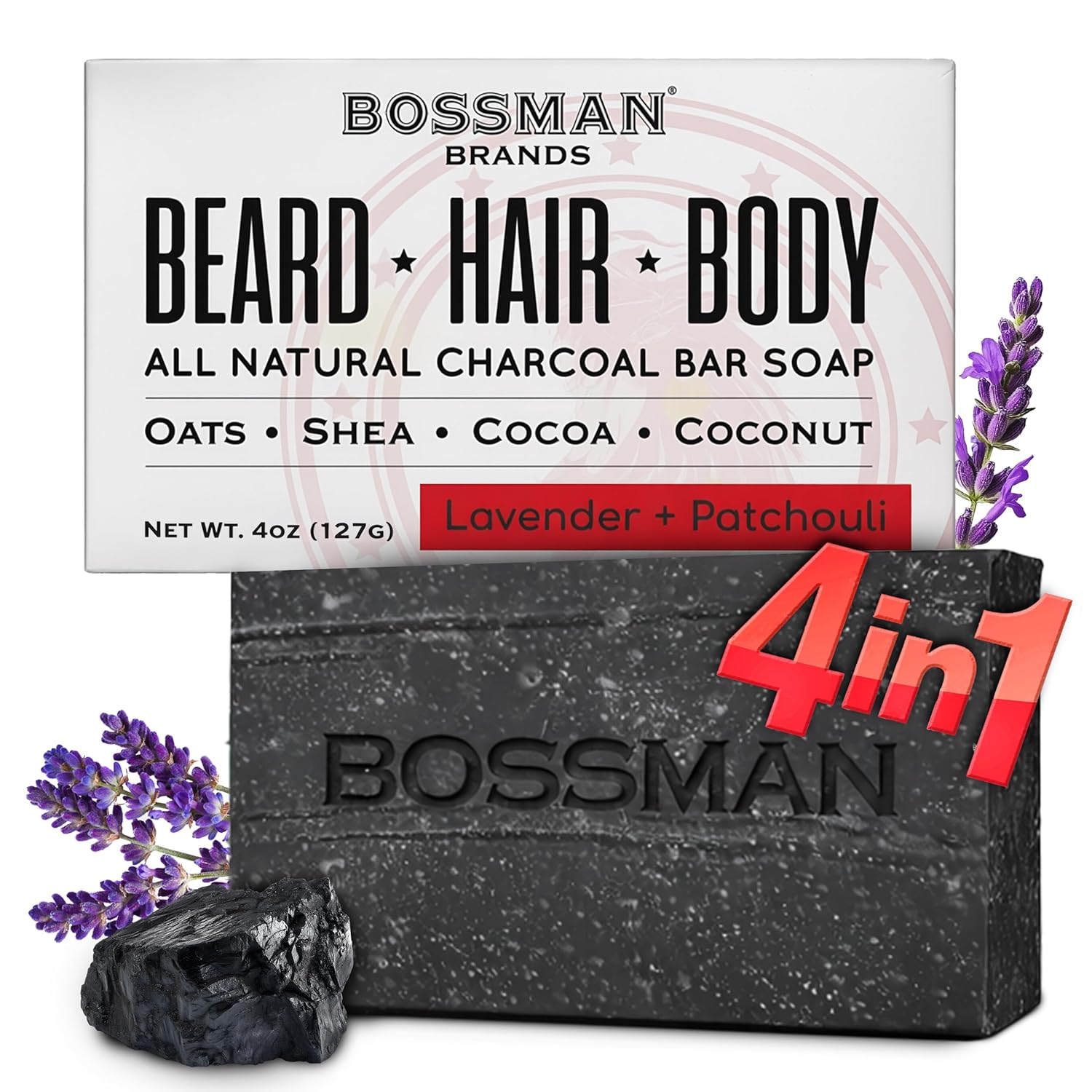 Bossman all natural charcoal bar soap with packaging on a white background