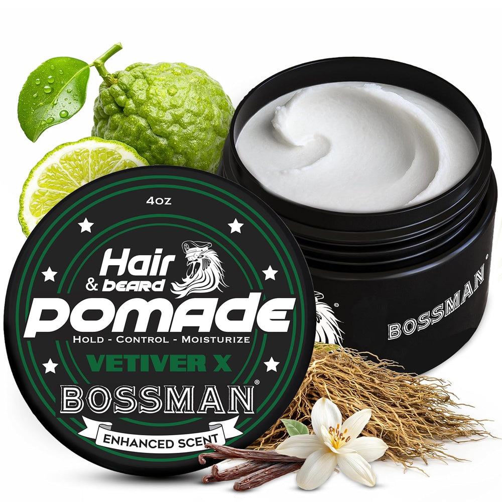Bossman Hair and Beard Pomade container with ingredients on a white background