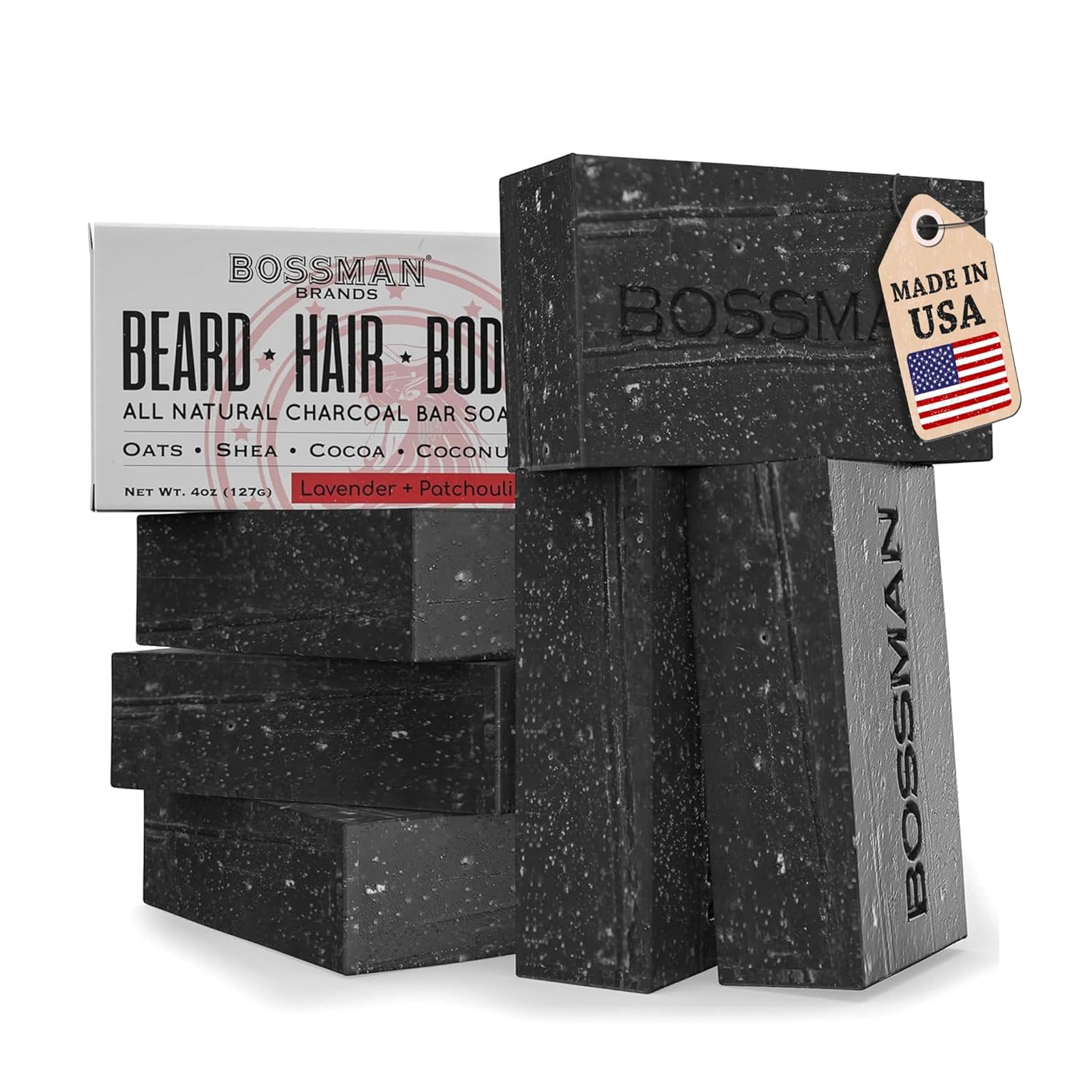 Black charcoal soap bars with 'BOSSMAN' branding on a white background