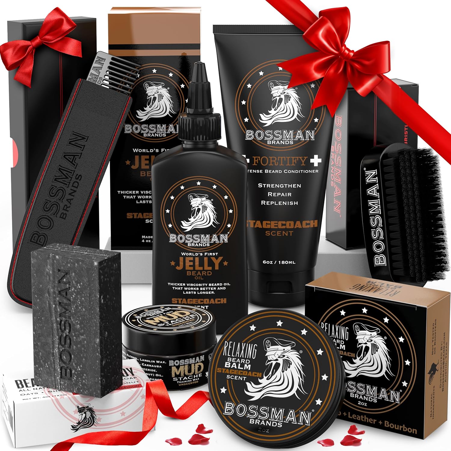 Collection of Bossman grooming products including bottles, jars, and a brush with red ribbons on a white background.