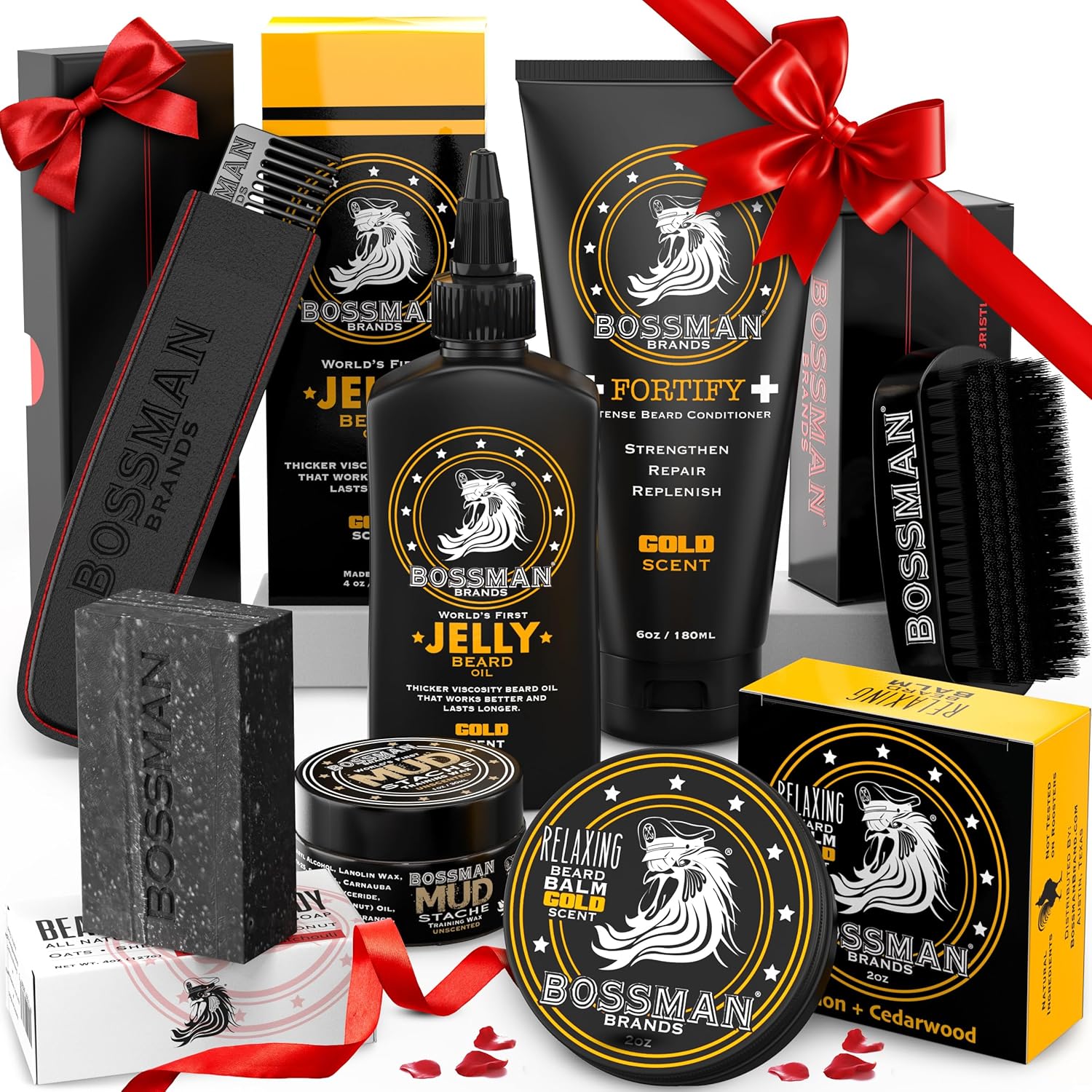 Collection of Bossman grooming products including beard oil, balm, and other care items with red ribbons on a white background.