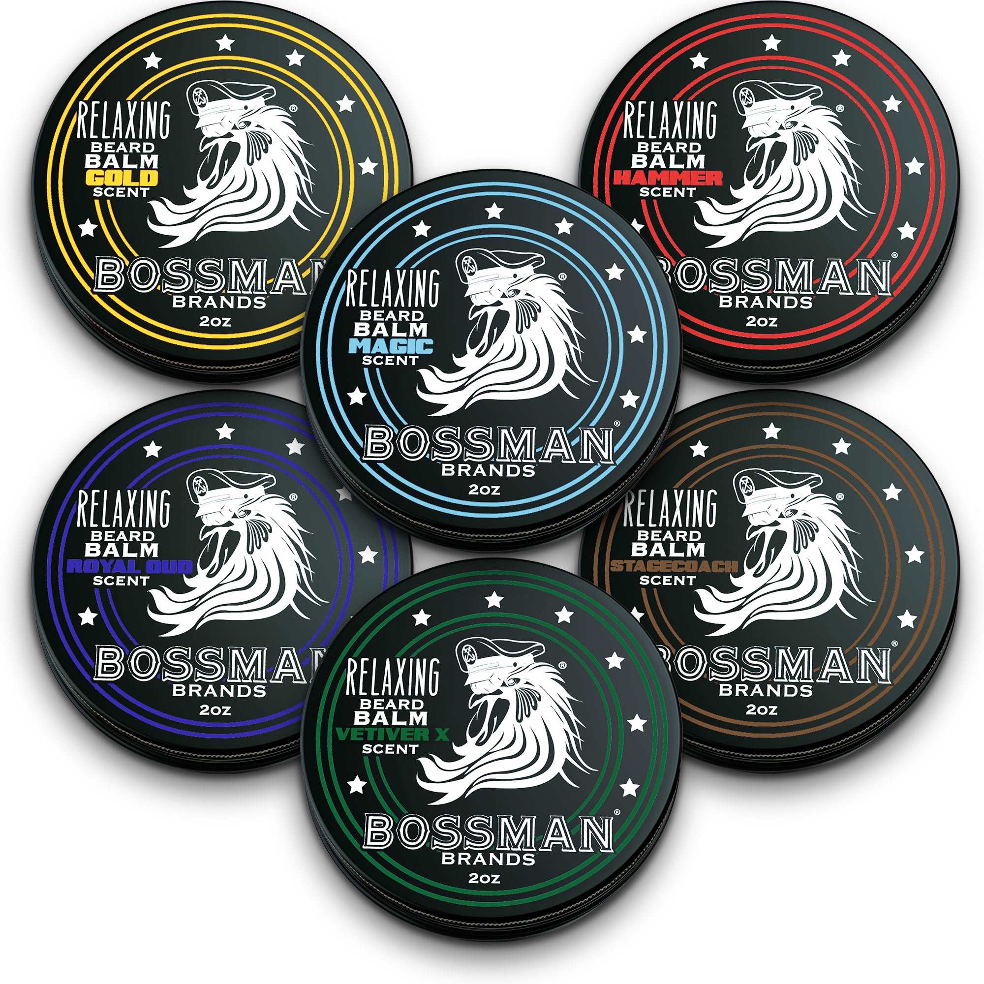 Relaxing Beard Balm - 6 Pack (Magic, Stagecoach, Hammer, Gold, Vetiver) Bossman Brands
