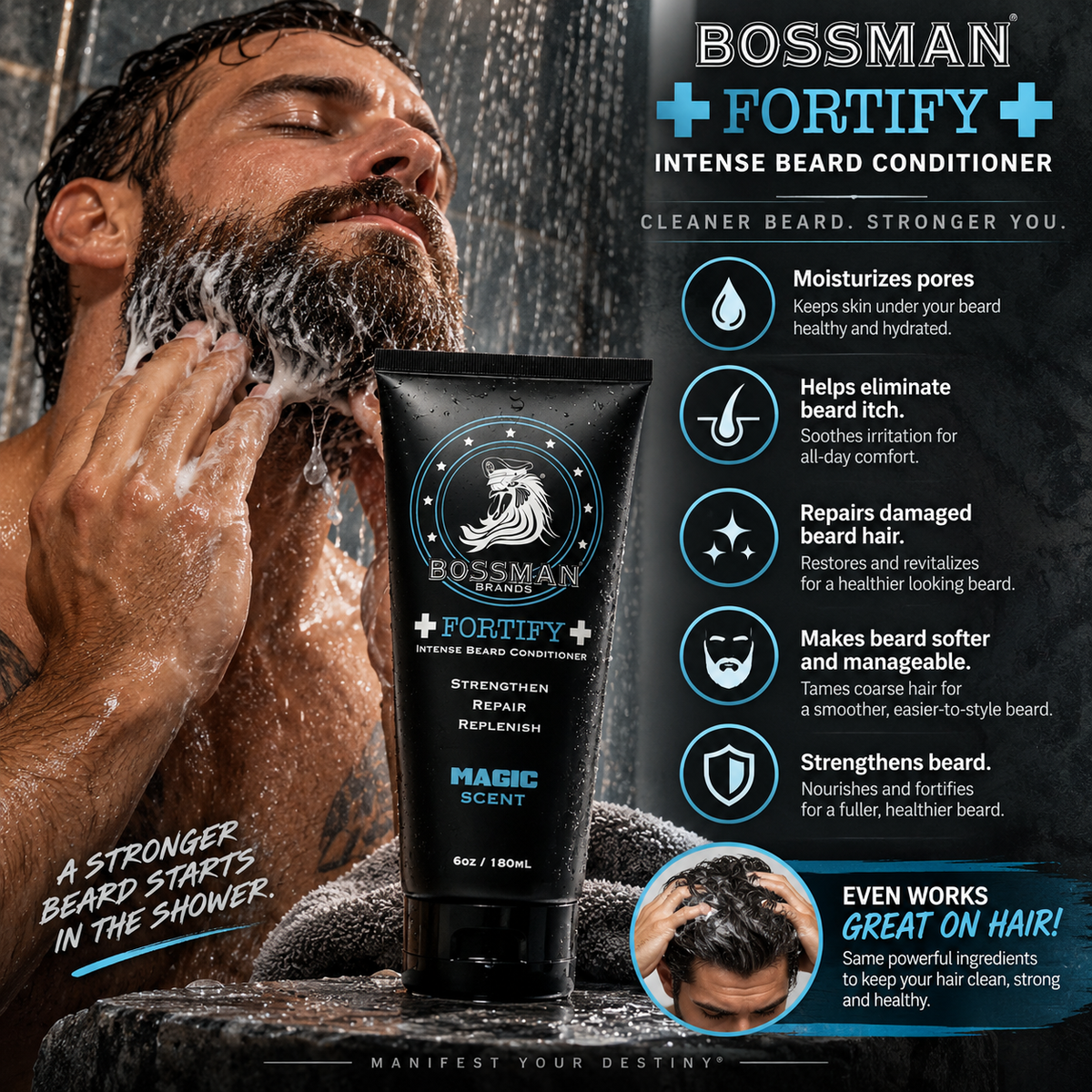 Fortify Intense Beard Conditioner, a stronger beard starts in the shower