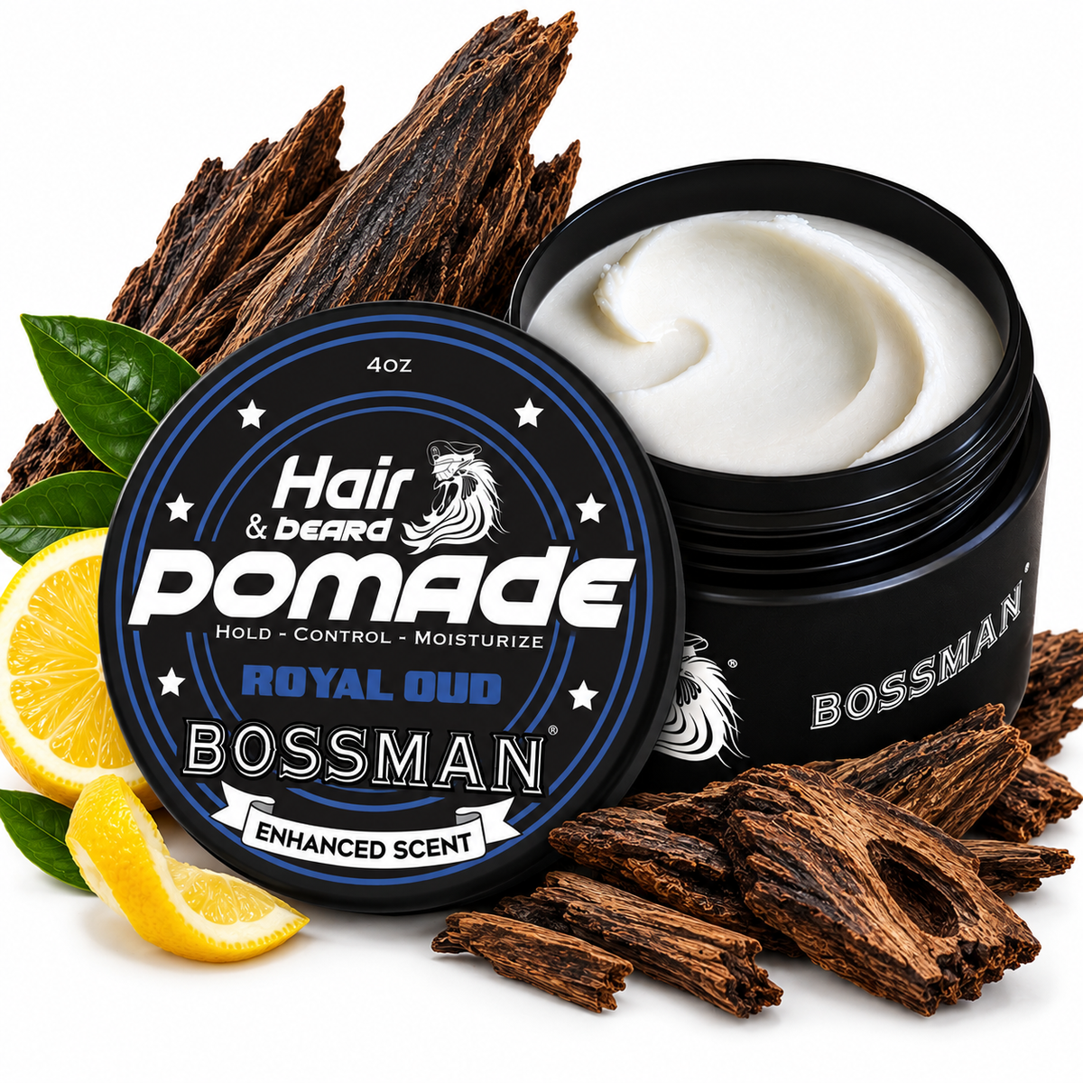 Hair & Beard Pomade, Royal Oud, jar open with oud wood and lemon#Scent_Royal Oud