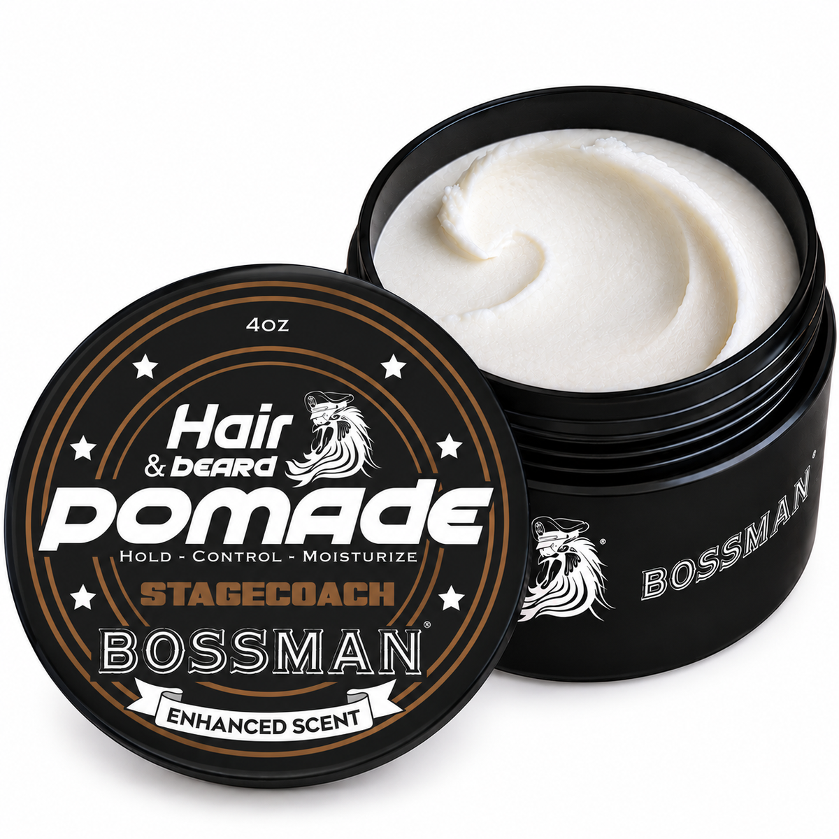 Hair & Beard Pomade, Stagecoach, jar open#Scent_Stagecoach