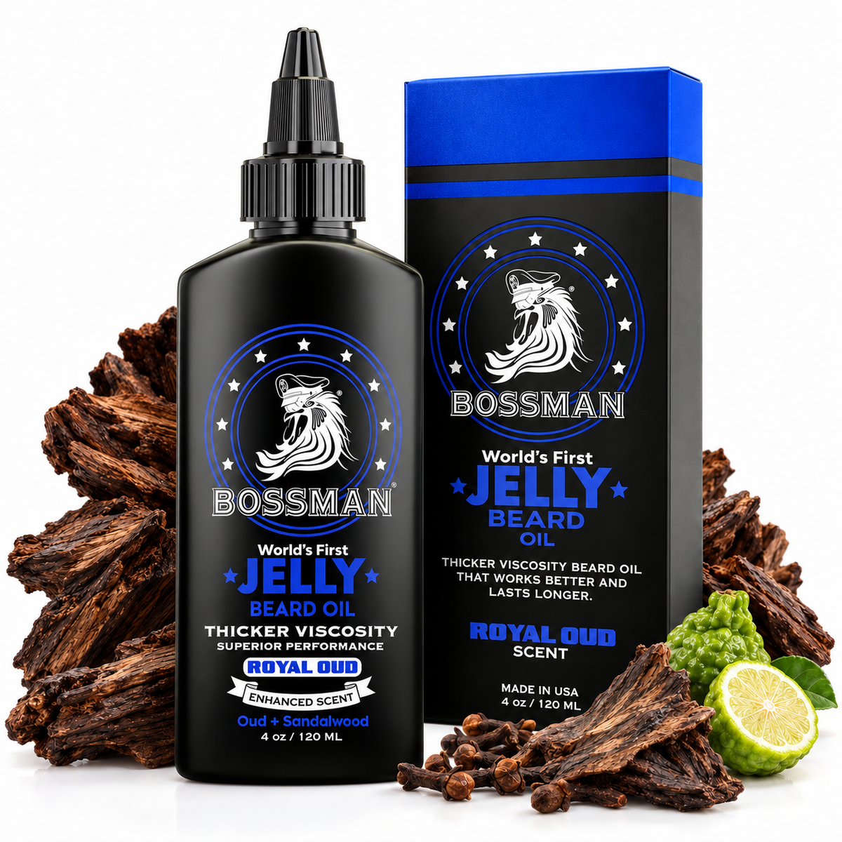 Jelly Beard Oil, Royal Oud, bottle and box with oud wood, clove and bergamot#Scent_Royal Oud