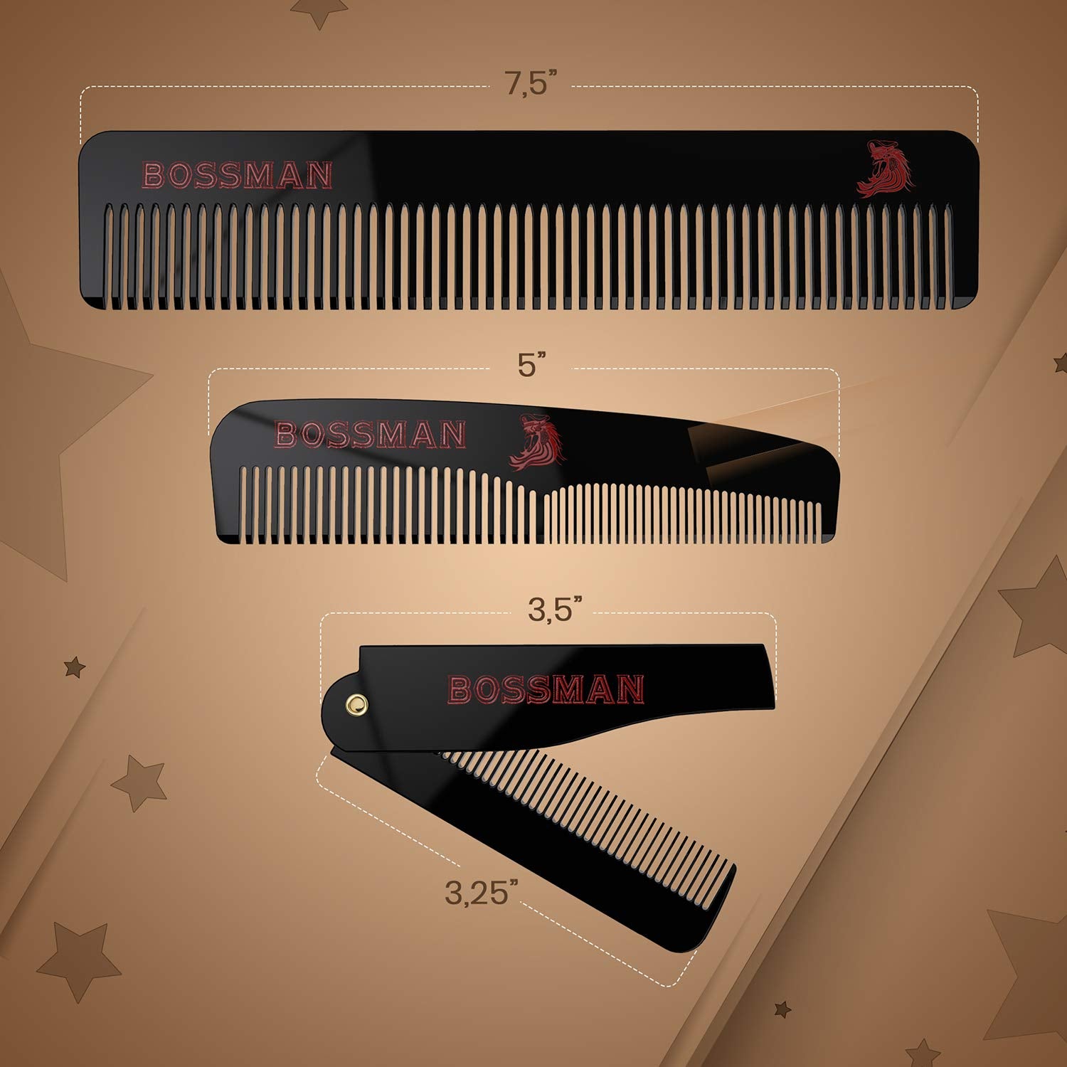 Bossman Set of 3 Acetate Beard, Mustache, Hair Combs