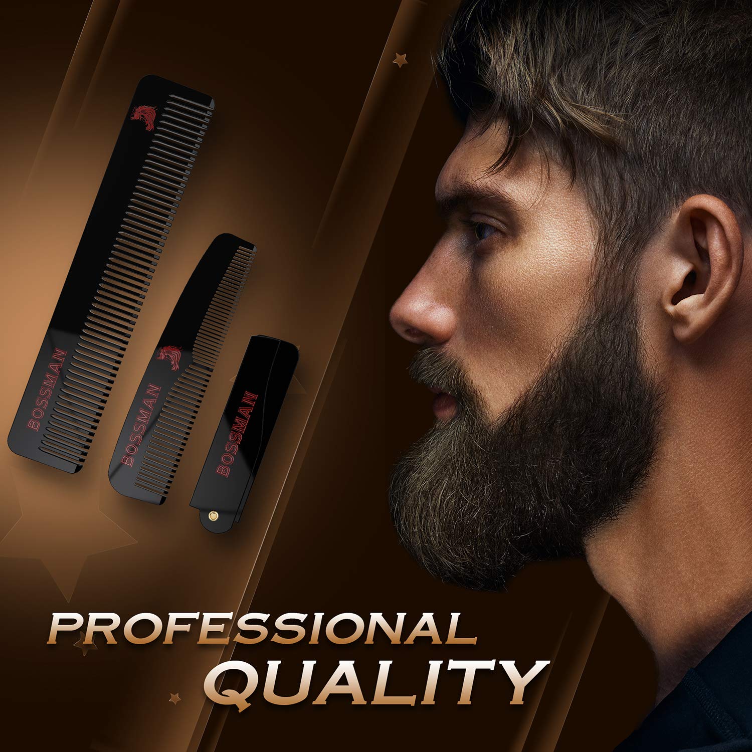 Bossman Set of 3 Acetate Beard, Mustache, Hair Combs