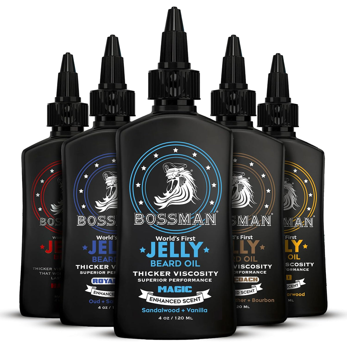 Jelly Beard Oil 5 Pack Variety with Gold, Hammer, Royal Oud, Stagecoach, and Magic