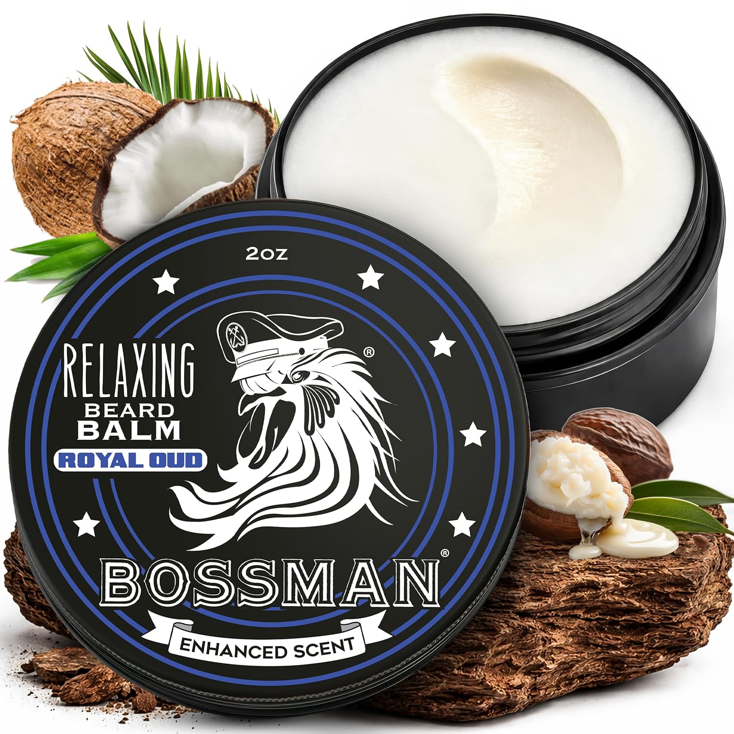 Bossman beard balm with coconut and nutmeg elements on a white background