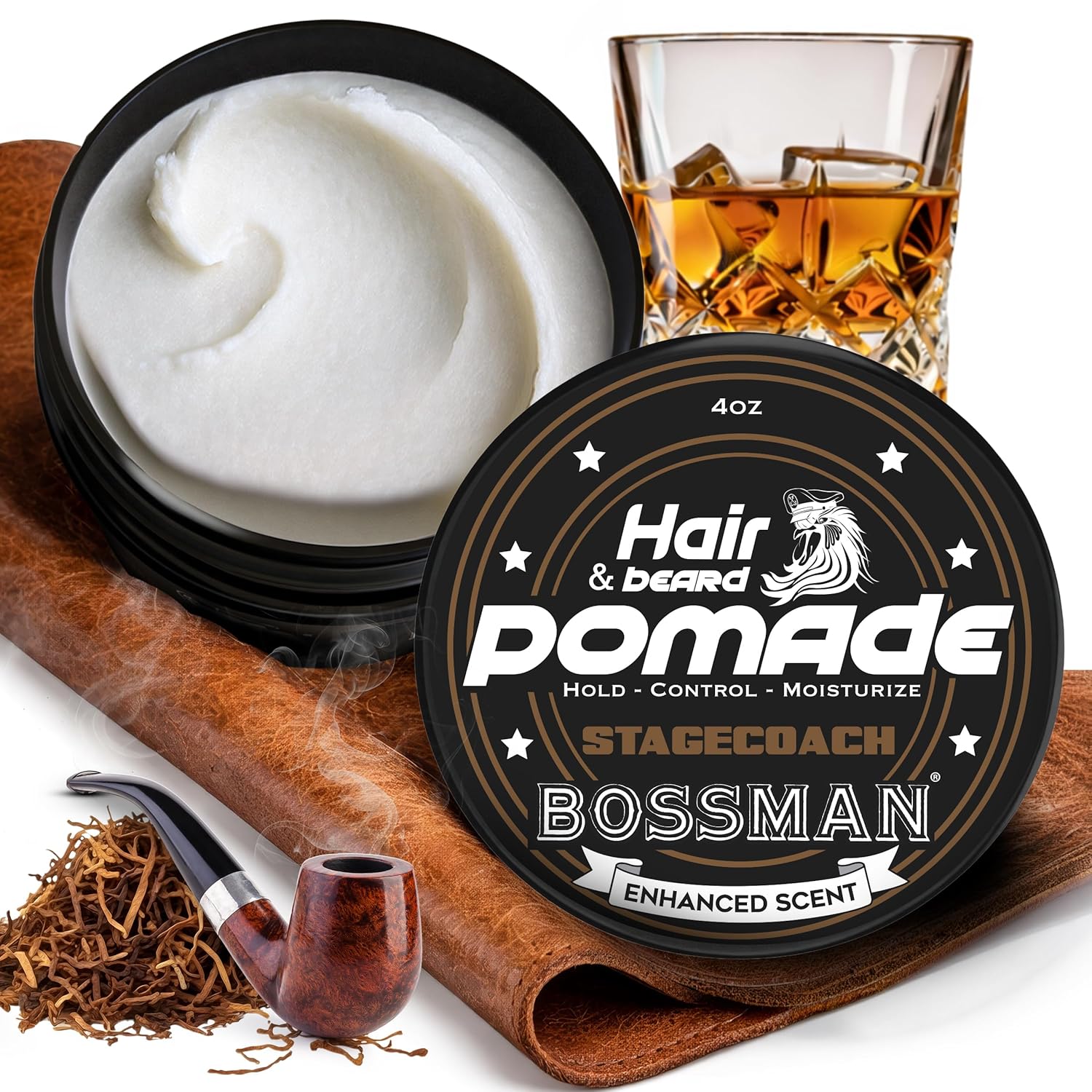 Bossman pomade container with a spoonful of pomade, glass of whiskey, and smoking pipe on a wooden surface.