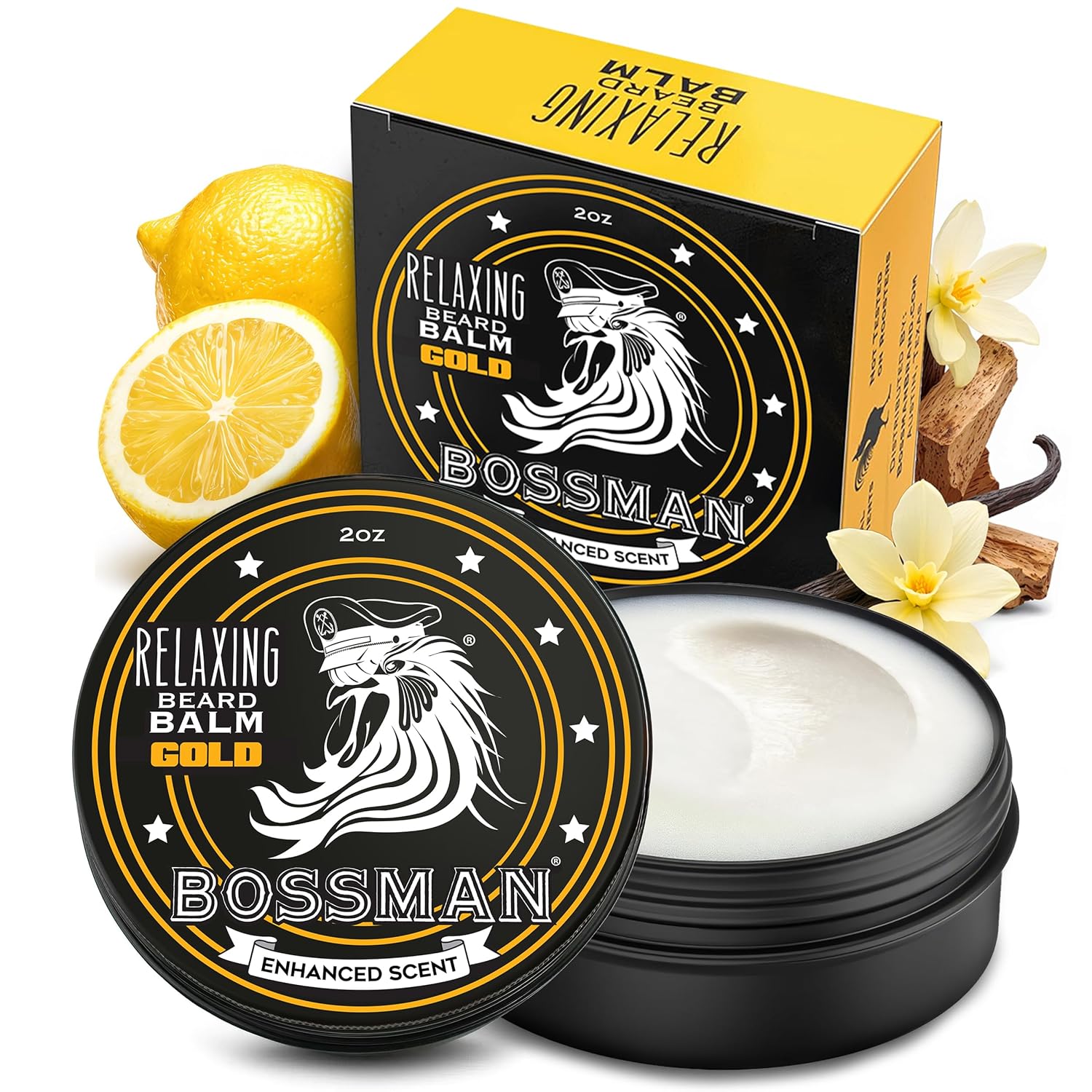 Bossman Relaxing Beard Balm with packaging, lemons, vanilla flowers, and cinnamon sticks on a white background