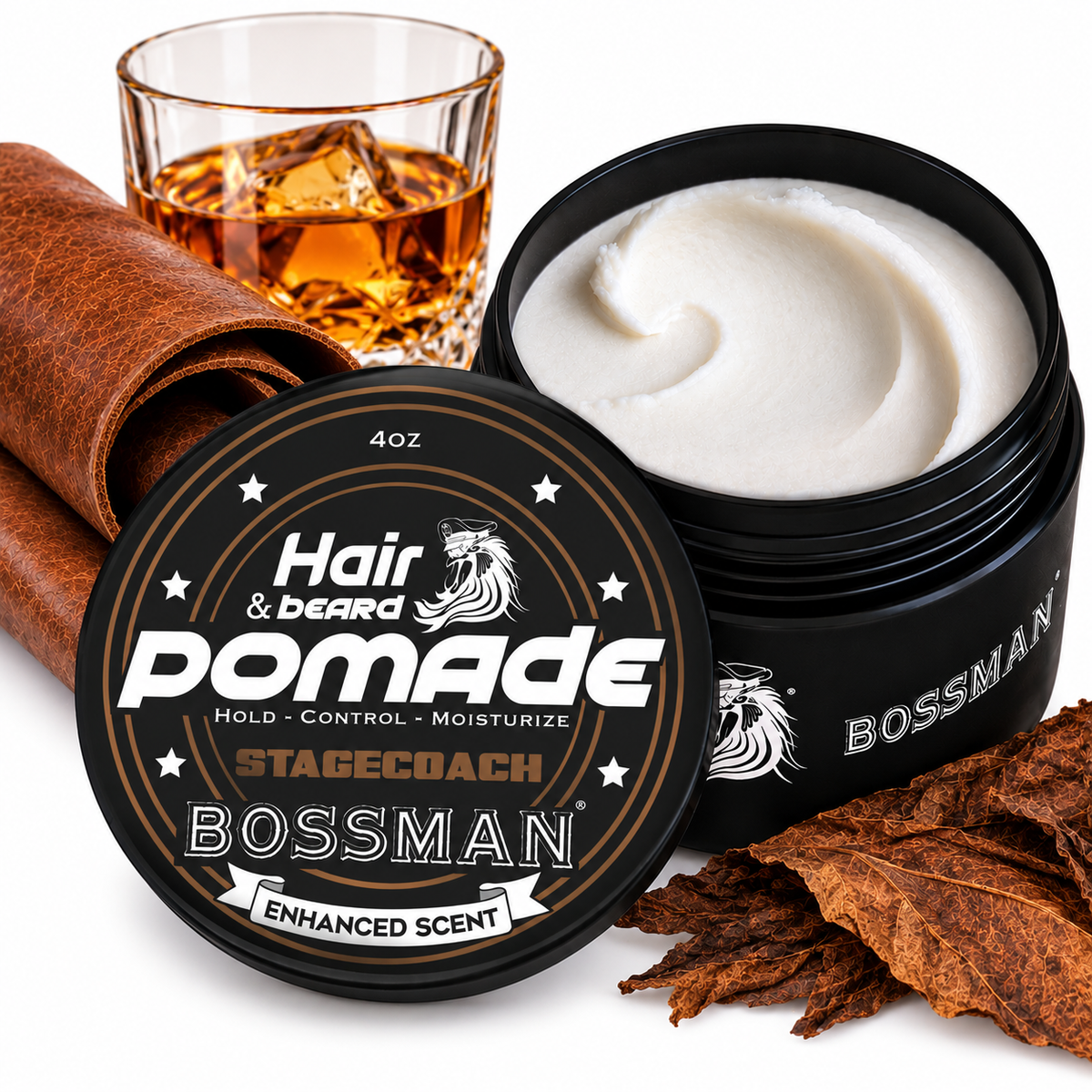 Hair & Beard Pomade, Stagecoach, jar open with whiskey and tobacco#Scent_Stagecoach