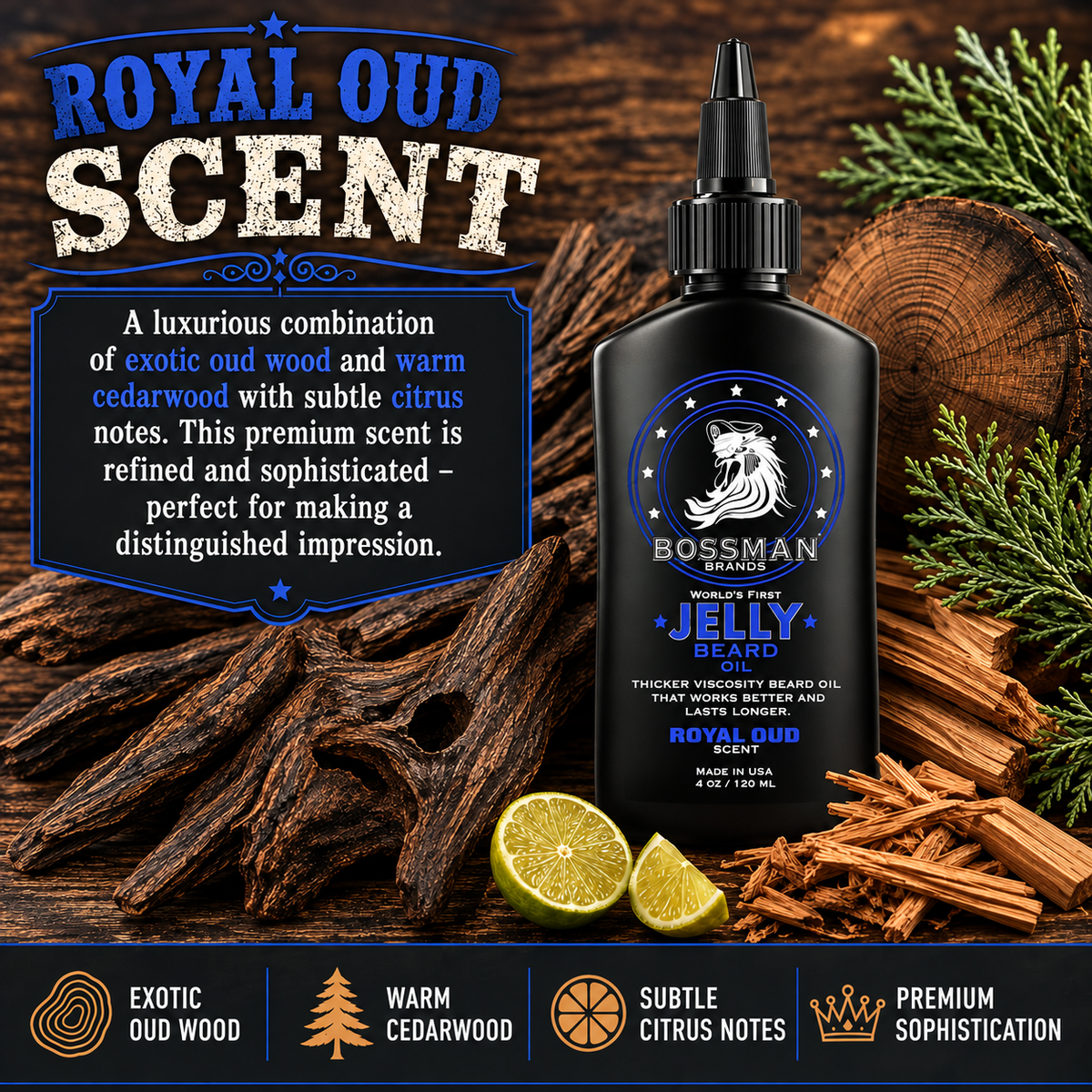 Jelly Beard Oil, Royal Oud, scent card, Royal Oud scent#Scent_Royal Oud
