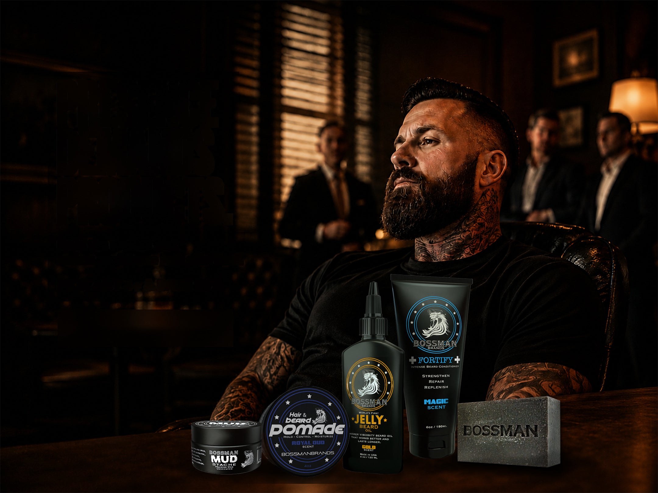 Bossman grooming products on a bar top, bearded man seated behind them